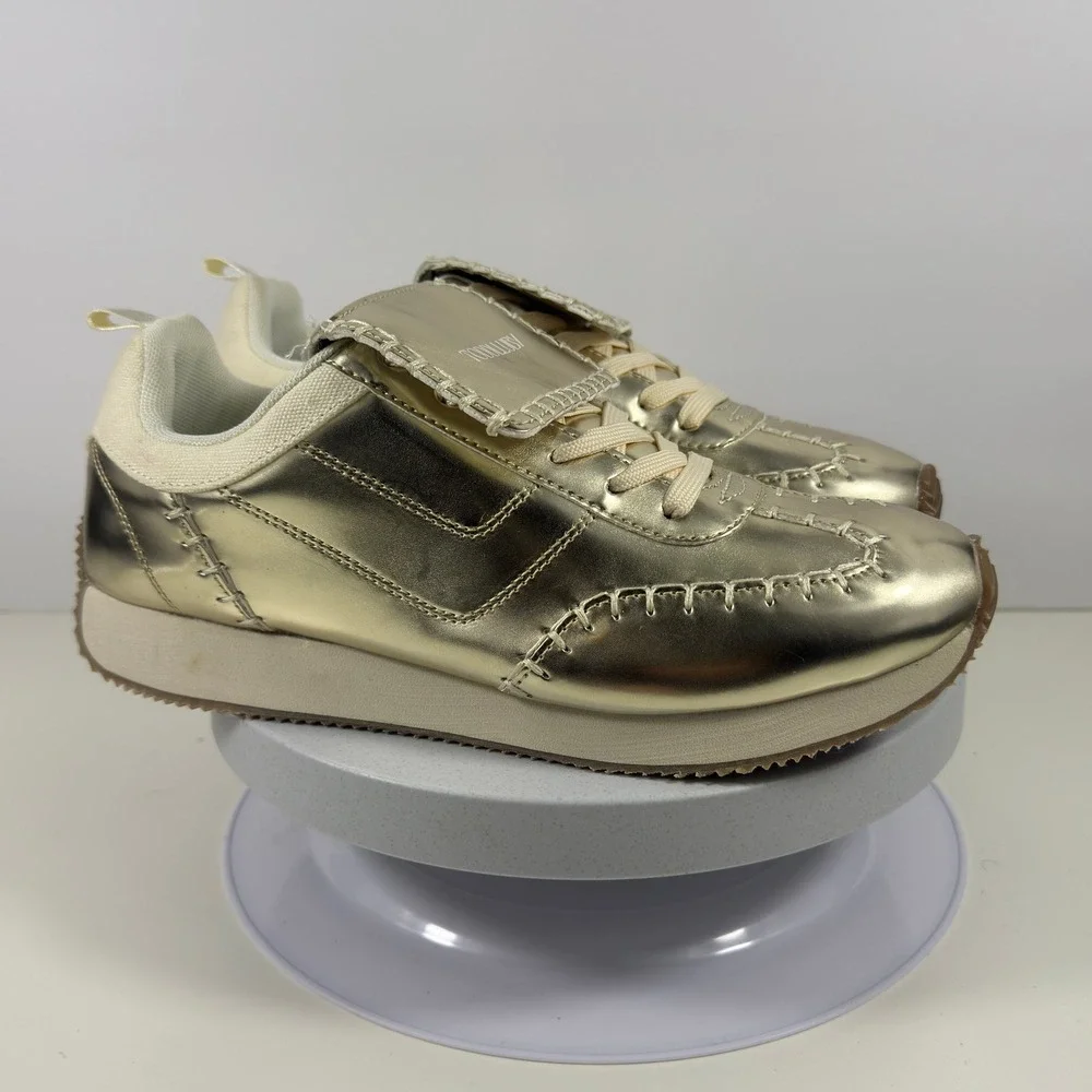 Toddlluby Women's‎ Sneakers Gold Metallic Lace Up Fashion Shoes Size 9 EU40